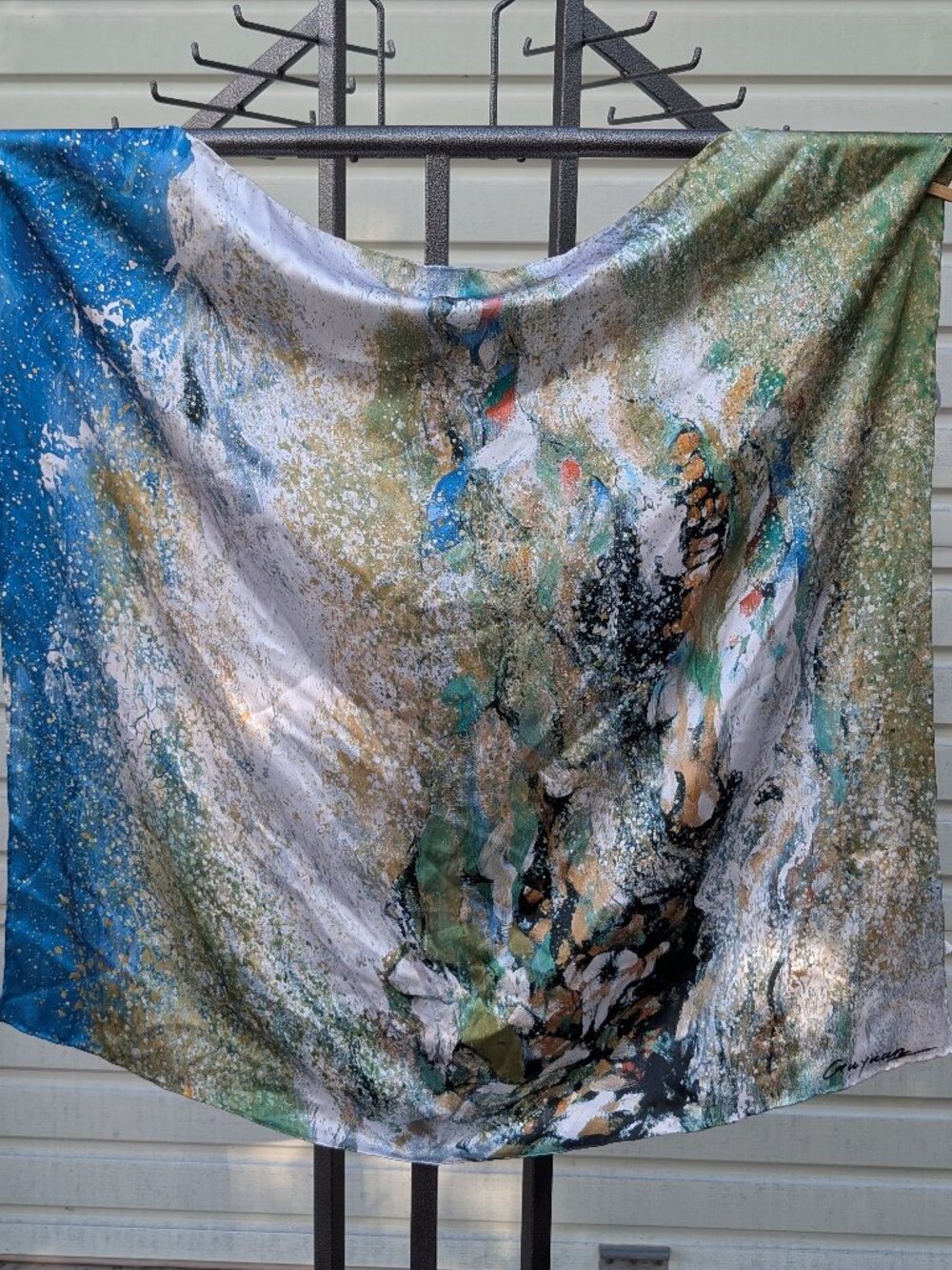 Gu Yuan Silk Scarf 37" Square Abstract Watercolor Art Print Blue Green Statement